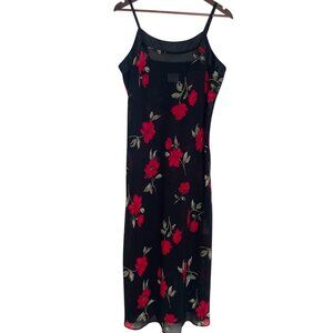 Vtg 90s Y2K Pasha Slip Maxi Dress L Black Red Floral Sheer Slits Romantic Goth
